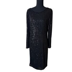 Nanette Lepore Black Sequin Dress Long Sleeve V back Cocktail Party Size 12 NWT